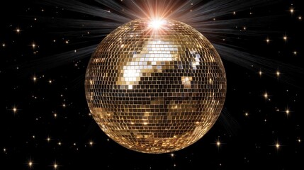 Obraz premium Glittering golden disco ball sparkles against a starry night sky.