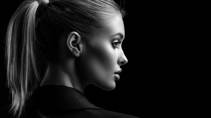 Fototapeta premium Profile of young caucasian female in monochrome with ponytail and elegant pose.