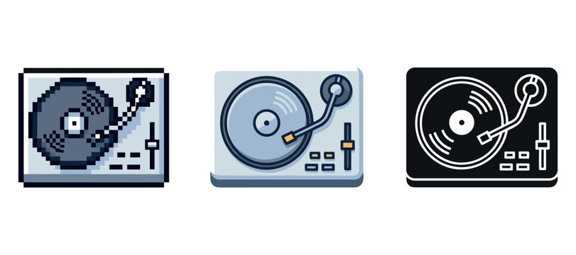 Retro turntable icons: pixel, flat, and monochrome designs
