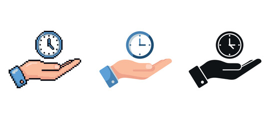 Three styles of hands holding clocks: pixel art, flat design, silhouette illustration