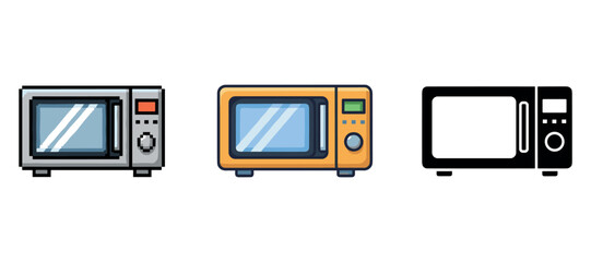Three modern microwave designs: silver, retro, and silhouette styles on white background