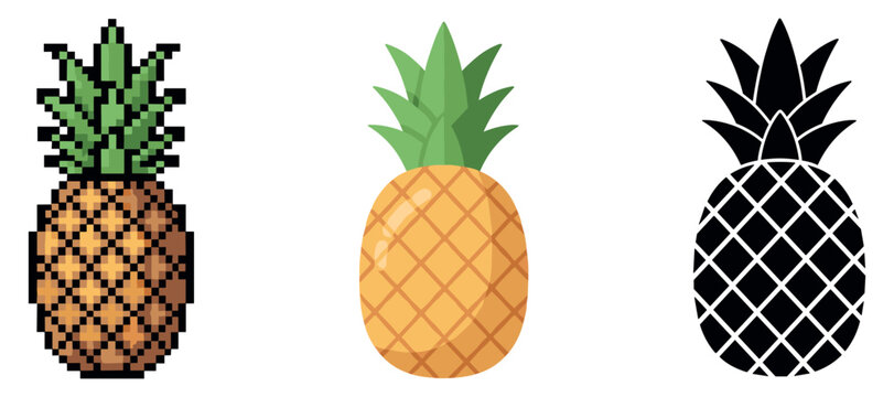 Pixelated, cartoon, and silhouette pineapple designs on white background