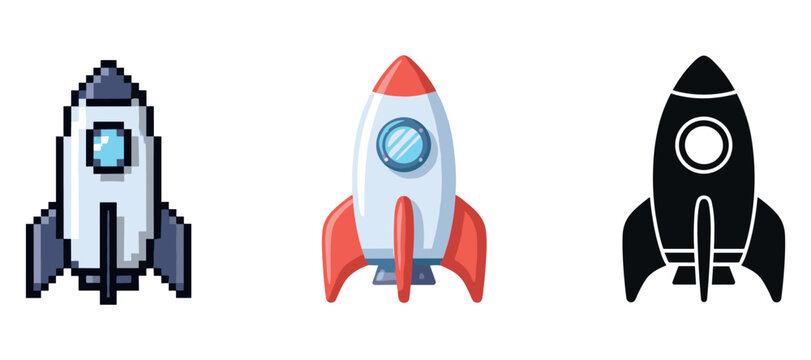 Set of three rocket ship icons: pixel, cartoon, silhouette designs