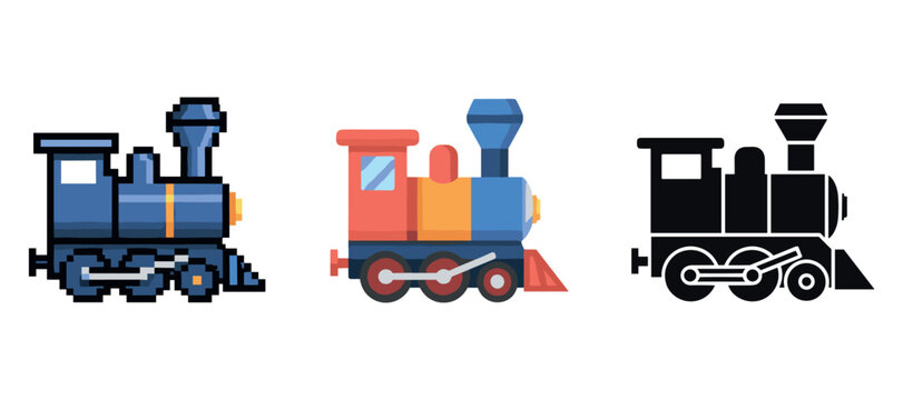 Pixelated and silhouette toy trains in various artistic styles