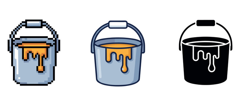 Pixelated, flat, and silhouette paint buckets with dripping paint designs