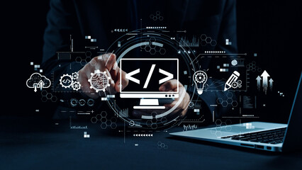 Modern web development concept featuring coding symbols, web development process, web development interface, and web development tools with futuristic design. Elide