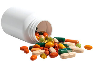 Pills spill from a tipped white bottle. Variety of capsule and tablet shapes and colors