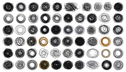 Many black scribbled circles, some gold. Seemingly random chaotic doodles on a white background