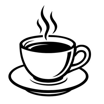 Classic black and white vector illustration of a steaming hot coffee cup on a saucer. This iconic graphic symbolizes warmth, energy, comfort, ideal for cafe logos, web design, digital menus, and print