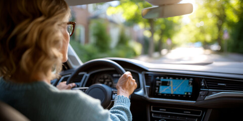 Woman driving a car with focus on steering wheel and dashboard navigation system in a sunny suburban neighborhood