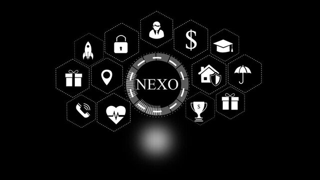 A digital illustration representing product lifecycle management (PLM) with various icons such as a bank, user, growth chart, security lock, and cloud, set against a dark background with a world map