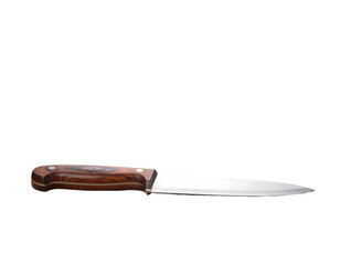 Kitchen knife with wood handle, silver blade, lies horizontally against a black background