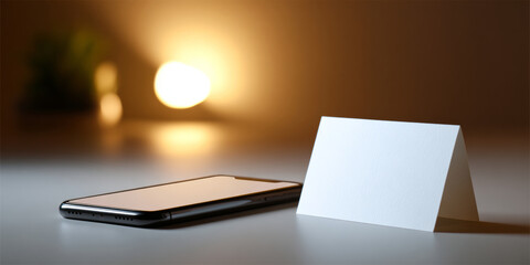 Blank white tent card standing on table next to smartphone with blurred warm light background