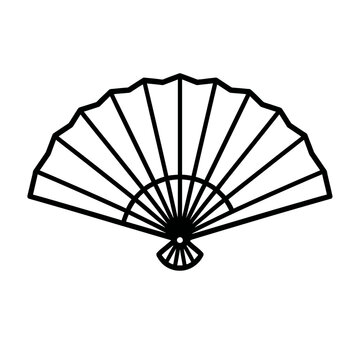 Elegant traditional Japanese or Chinese folding hand fan icon, presented in a minimalist black outline style, ideal for cultural design elements, summer cooling accessories, decorative illustrations,