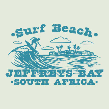 Vintage advertisement for surfers at Jeffreys Bay beach, a famous surfing beach.
