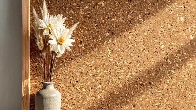 Elegant composition featuring a vase with white flowers against a textured corkboard background.