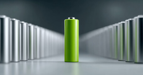 Single green battery standing out among rows of silver batteries on reflective surface with dark background