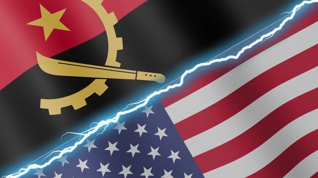 Two waving flags Angola and United States with diagonal lightning seamless, 4k loop