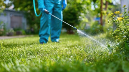 Worker in protective suit spraying pesticide on garden lawn