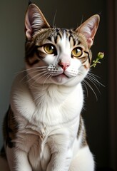 Obraz premium Close-up of a Curious Domestic Cat with Striking Green Eyes and Whiskers Highlighted by Natural Light
