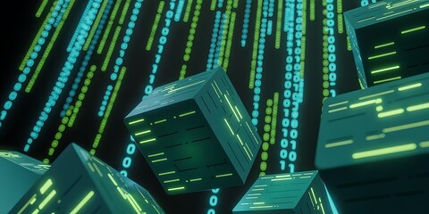 Futuristic Digital Cubes and Falling Binary Code Data Streams abstract artificial intelligence