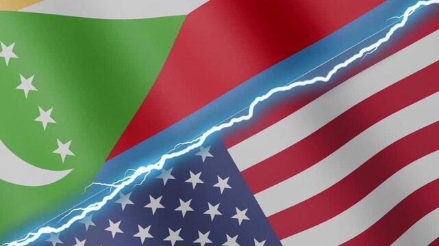 Two waving flags Comoros and United States with diagonal lightning seamless, 4k loop