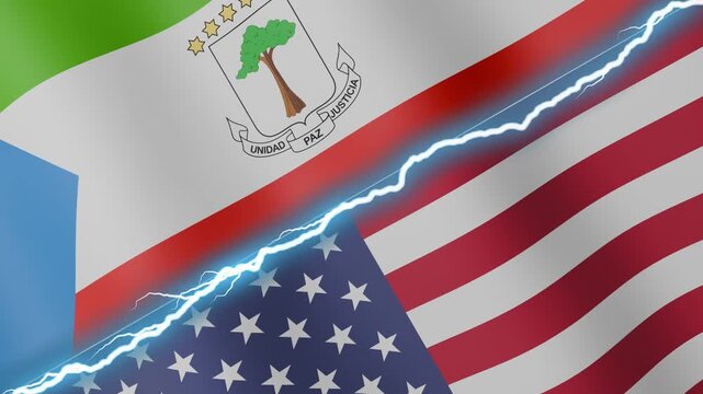 Two waving flags Equatorial Guinea and United States with diagonal lightning seamless, 4k loop