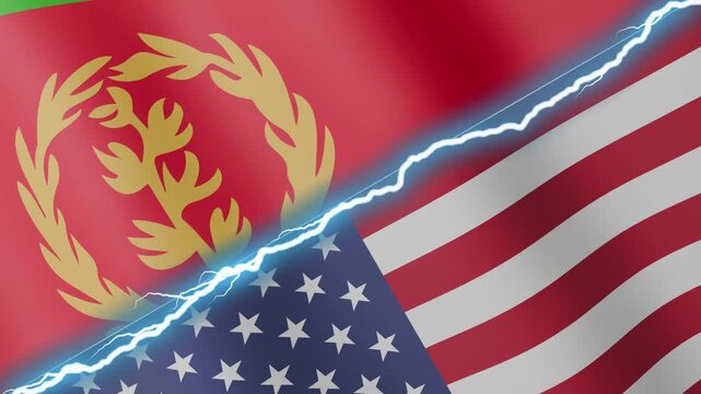 Two waving flags Eritrea and United States with diagonal lightning seamless, 4k loop