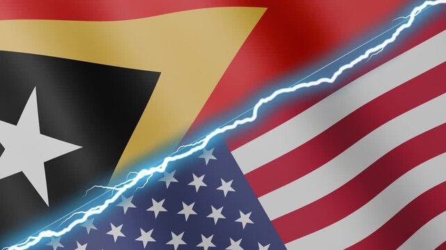 Two waving flags Timor-Leste - East Timor and United States with diagonal lightning seamless, 4k loop