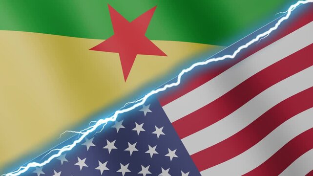 Two waving flags French Guiana and United States with diagonal lightning seamless, 4k loop