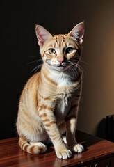 Obraz premium Elegant Feline with Striking Striped Fur Sitting Gracefully on Wooden Surface in Gentle Light of a Sunlit Room