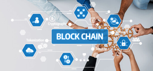 Engage with this dynamic visual representing blockchain technology, showcasing hands collaborating over digital icons like cryptography, security, and tokenization. Amity