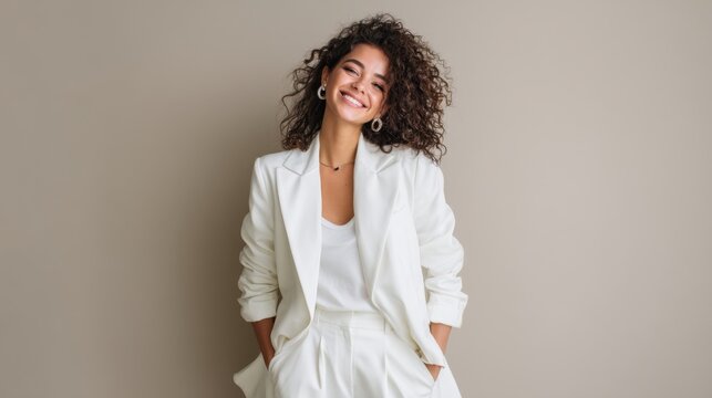 Smiling young hispanic woman in white suit with curly hair against beige background.