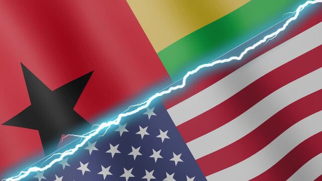 Two waving flags Guinea Bissau and United States with diagonal lightning seamless, 4k loop