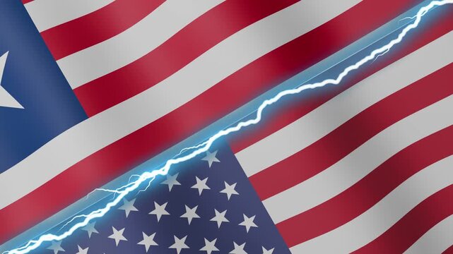 Two waving flags Liberia and United States with diagonal lightning seamless, 4k loop