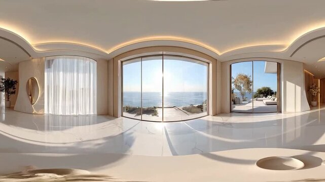 Panoramic view of a bright, modern living room with ocean views and minimalist decor.