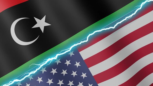 Two waving flags Libya and United States with diagonal lightning seamless, 4k loop