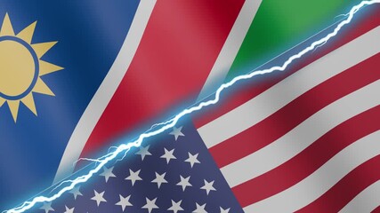 Two waving flags Namibia and United States with diagonal lightning seamless, 4k loop