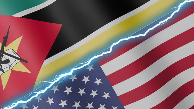 Two waving flags Mozambique and United States with diagonal lightning seamless, 4k loop