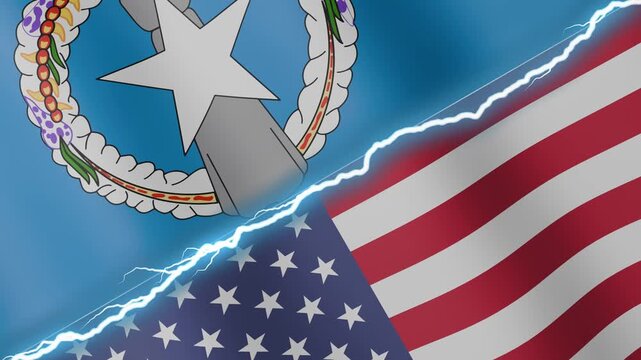 Two waving flags Northern Mariana Islands and United States with diagonal lightning seamless, 4k loop