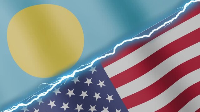 Two waving flags Palau and United States with diagonal lightning seamless, 4k loop