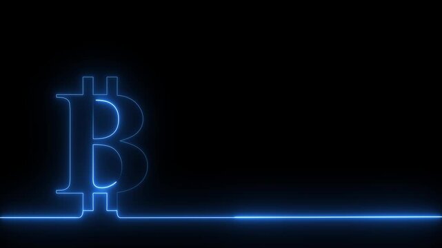 Neon lights Bitcoin sign. Electronic money. Payment system. Business concept. 4k animation Horizontal glowing colorful neon line animation.