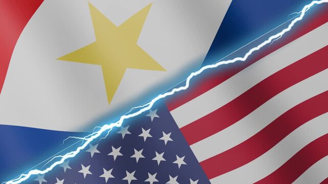 Two waving flags Saba and United States with diagonal lightning seamless, 4k loop