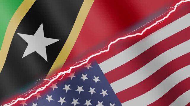 Two waving flags Saint Kitts and Nevis and United States with diagonal lightning seamless, 4k loop
