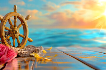 Nautical sunrise scene with wooden ship wheel and ocean view