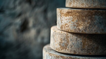 Aged parmesan wheels are stacked in an artisanal cheese shop against a rustic wall, showcasing their texture and form
