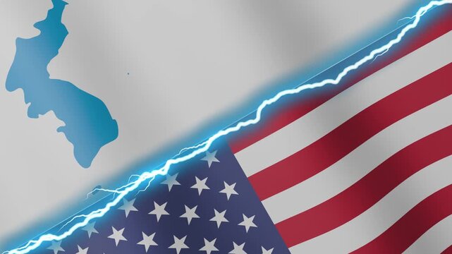 Two waving flags Unification flag of Korea and United States with diagonal lightning seamless, 4k loop