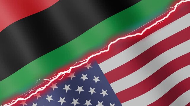 Two waving flags Universal Negro Improvement Association and United States with diagonal lightning seamless, 4k loop
