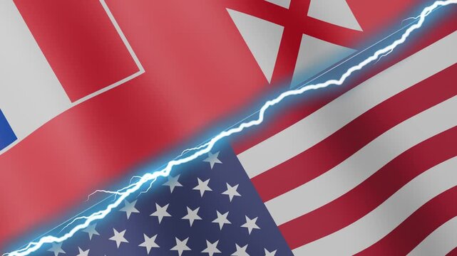 Two waving flags Wallis and Futuna and United States with diagonal lightning seamless, 4k loop
