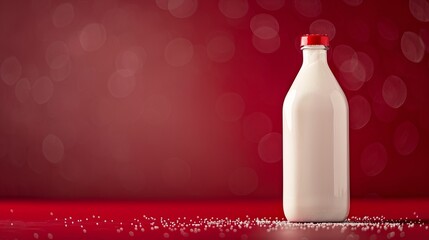 Glossy yogurt drink bottle stands on a red surface with droplets present. Light reflects off the bottle, enhancing its glossy appearance